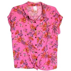 NoBo Jr XL (15-17) Semi-fitted Button/Tie Front Raglan Sleeve Pink Floral Top